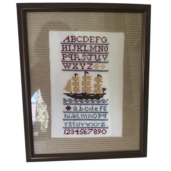 Sullins House Reproduction ABC Sampler Nautical Cross Stitch Clipper Ship Framed - Picture 1 of 6